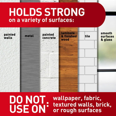 Damage Free Poster Strips Value Pack With 60 Strips Holds Up To 30 Posters shows versatility on various surfaces, except wallpaper.