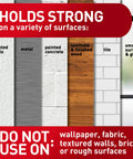 Image showing surfaces Damage Free Picture Hanging Strips White Medium Sets work on: painted walls, metal, concrete, wood, tile, glass.