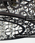 Close-up of Brielle 15 Inch Modern Crystal Drum Flush Mount Ceiling Light With Cascading Crystals in oil rubbed bronze finish.