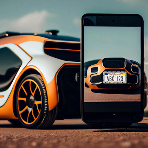 Photo of a license plate on a phone screen with a car, showcasing Personalize Dog License Plate Frame with Paw Prints. Rear view.