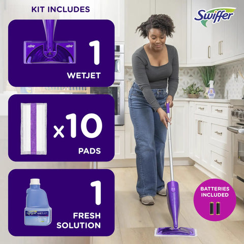 Woman using WetJet Hardwood And Floor Spray Mop Cleaner Starter Kit With Power Mop 10 Pads Cleaning Solution And Batteries