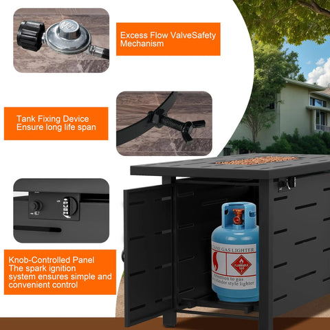 43 Inch Outdoor Propane Fire Pit Table With 50,000 BTU safety features, gas tank storage, ignition system, durable black finish