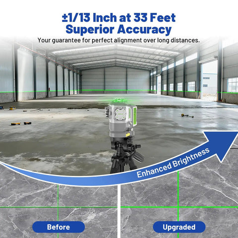 Pro Grade Outdoor 360 Degree Green Laser Level With Self Leveling on tripod in warehouse, demonstrating alignment accuracy.