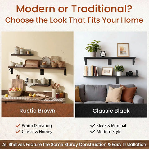 Comparison of rustic brown and classic black shelves, highlighting warm and inviting decor versus sleek modern style.