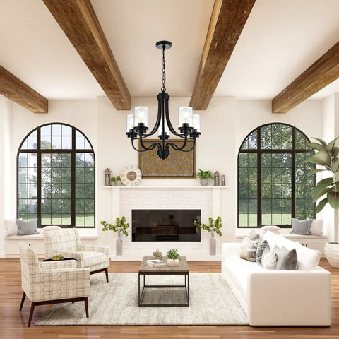 Affordable Luxury Five Light Farmhouse Chandelier In Classic Black Finish with clear glass shades in a living room setting