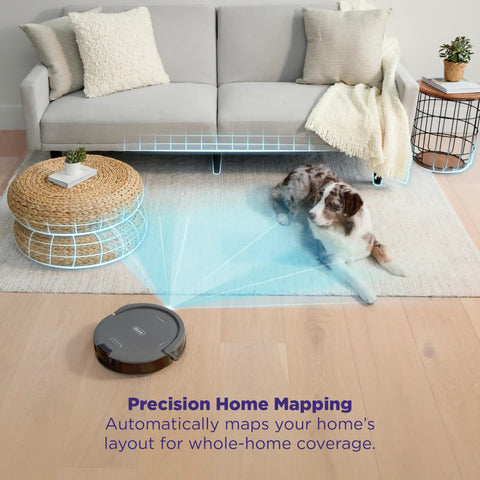 Robot Vacuum With Self Empty Base And 60 Day Bagless Capacity navigating living room with SmartPath LiDAR, pet on rug