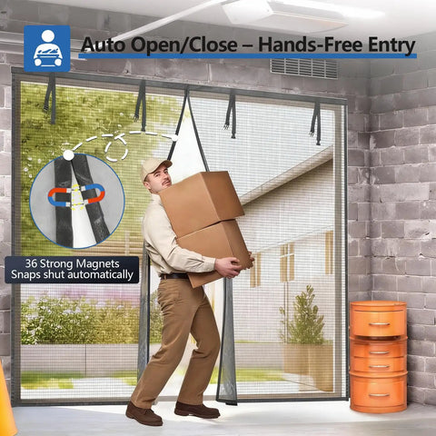 Man carrying boxes through Magnetic Closure Garage Door Screen 9 by 7 Feet for One Car, Hands Free Bug Blocking Fiberglass Mesh