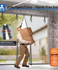 Man walking through heavy duty garage door screen 16 by 7 feet for a 2 car garage with magnetic closure and hands free entry.