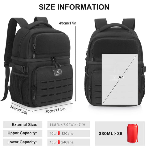 Heavy Duty Insulated Double Deck Cooler Backpack With 36 Can Capacity, Leakproof Liner, size details in centimeters and liters