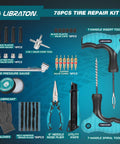 78 Piece Professional Tire Repair Kit With Heavy Duty Plugs, tools including valve caps, tire gauge, pliers, and utility knife.