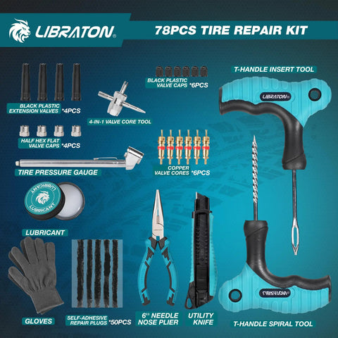 78 Piece Professional Tire Repair Kit With Heavy Duty Plugs, tools including valve caps, tire gauge, pliers, and utility knife.