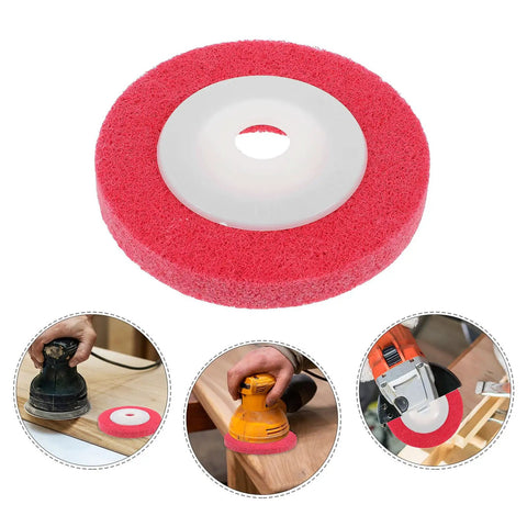 Sturdy Red Nylon Buffing Disc For Metal And Wood Repair Work With Lightweight Abrasive Wheel Design That Resists Wear Tear For Auto Maintenance Projects Using Non Woody Grinding Tools on display.