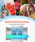 Heavy Duty Stainless Steel Upright Freezer 54 Inches Wide 44 Cubic Feet with seafood, meat, and ice cream displayed inside.
