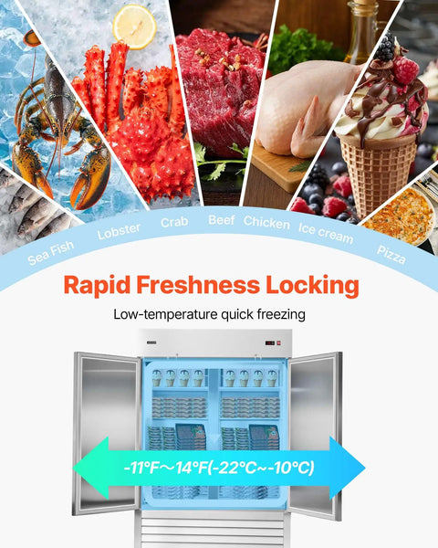 Heavy Duty Stainless Steel Upright Freezer 54 Inches Wide 44 Cubic Feet with seafood, meat, and ice cream displayed inside.