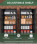 72 Inch Tall Locking Metal Garage Storage Cabinet with doors and four shelves, filled with assorted storage items, against a brick wall.