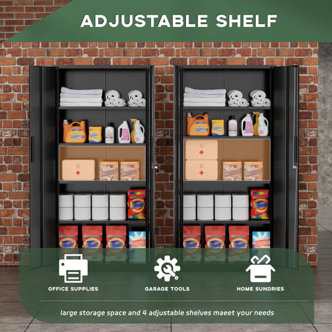 72 Inch Tall Locking Metal Garage Storage Cabinet with doors and four shelves, filled with assorted storage items, against a brick wall.