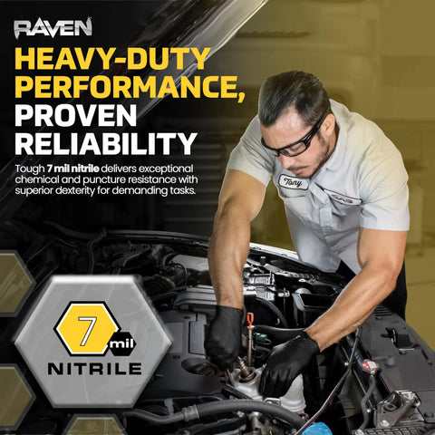 Mechanic using 7 Mil Powder Free Nitrile Disposable Gloves XL Latex Free Chemical and Puncture Resistant With Textured Grip For Automotive