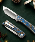 Dope Damascus Inlaid G10 EDC Pocket Knife With 3.4 Inch 14C28N Blade, Compound Grind, High Performance Folding Knife For Everyday Carry, Standout Craft And Modern Rugged Style, open and closed view
