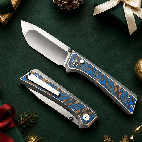 Dope Damascus Inlaid G10 EDC Pocket Knife With 3.4 Inch 14C28N Blade, Compound Grind, High Performance Folding Knife For Everyday Carry, Standout Craft And Modern Rugged Style, open and closed view