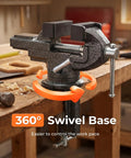 Heavy Duty Bench Vise With 360 Swivel Base Clamp On Mount For Woodworking and Metal Projects Featuring Kickass Non Slip Grip and Universal Table Mounting Rig Top Shelf Build on a wooden workbench.