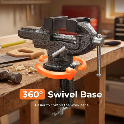 Heavy Duty Bench Vise With 360 Swivel Base Clamp On Mount For Woodworking and Metal Projects Featuring Kickass Non Slip Grip and Universal Table Mounting Rig Top Shelf Build on a wooden workbench.