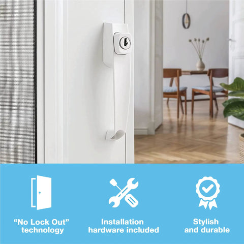 Keyed Push Button Tie Down Door Latch For Screen And Storm Doors White Finish No Lock Out Technology Installed on Door