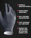 Venom Steel nitrile glove, front view, black, 6 mil, 9.5 inch long, textured grip, latex-free, powder-free