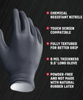 Heavy Duty Industrial Nitrile Gloves Two Layer Black 6 Mil 100 Count XL Latex Free Powder Free Textured Grip Chemical Resistant Rip Proof For Demanding Jobs with glove and feature text displayed