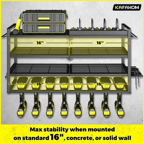 Power Tool Organizer With Charging Station For Garage Eight Outlet Power Strip Built In Wall Mount Shelf Battery Organizer