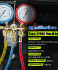 Refrigeration manifold gauge set with three 6 ft hoses (yellow, blue, red) and brass fittings