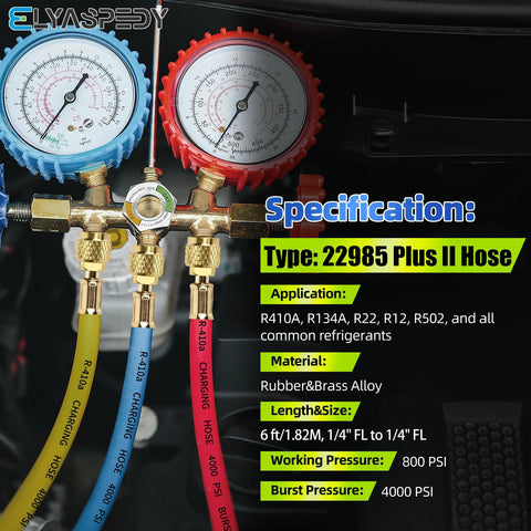 Refrigeration manifold gauge set with three 6 ft hoses (yellow, blue, red) and brass fittings