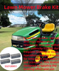 Replacement Lawn Mower Brake Pad Kit Heavy Duty 4 Pack on green tractor with text overlay and pad images