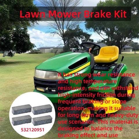 Replacement Lawn Mower Brake Pad Kit Heavy Duty 4 Pack on green tractor with text overlay and pad images