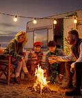 Group enjoying campfire under string lights using Led Replacement Light Bulbs For E12 Candelabra Base, Shatterproof Globe Bulbs
