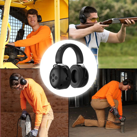 Bluetooth Noise Cancelling Ear Muffs for Mowing, Shooting, Construction Work 25 dB NRR; worn by workers using machinery, shooting, and construction tools.