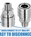 Front view of two chrome stainless-steel 1/4 in quick-connect pressure washer fittings with 1/4 in male NPT ends