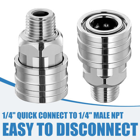 Front view of two chrome stainless-steel 1/4 in quick-connect pressure washer fittings with 1/4 in male NPT ends
