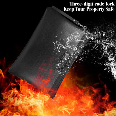 Fireproof Safe Document Bags With Lock Waterproof Zipper Pouches for A4 Files, notary journals, passport storage, 14x10 inch in fire, water spray effect