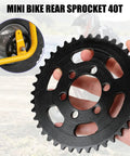 Close-up of 40T 35 Chain Sprocket, black, 6 mounting holes, held by hand, text overlay reads 'MINI BIKE REAR SPROCKET 40T'