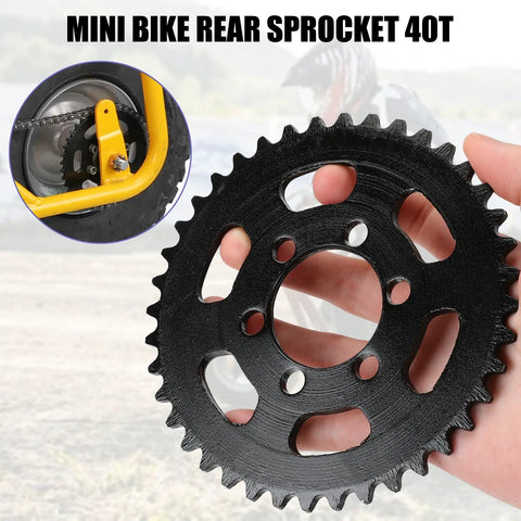 Close-up of 40T 35 Chain Sprocket, black, 6 mounting holes, held by hand, text overlay reads 'MINI BIKE REAR SPROCKET 40T'
