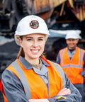 Construction worker wearing helmet with safety sticker from Hard Hat Sticker Pack For Adults, 300 Pcs Funny Toolbox Decals collection