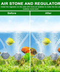 Pond Aerator With Independent Solar Air Pump Wire-Free Setup, showing air stones and regulators before and after bubble regulation