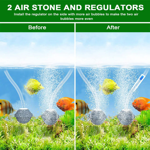 Pond Aerator With Independent Solar Air Pump Wire-Free Setup, showing air stones and regulators before and after bubble regulation