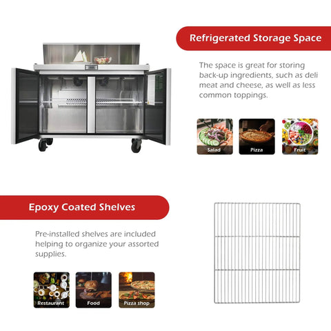 Heavy Duty 48 Inch Sandwich And Salad Prep Table Refrigerator With Stainless Steel Chassis 13.4 Cubic Foot Storage dual open counter with shelves
