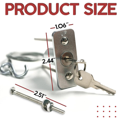 Emergency Garage Door Release Lock Kit With Universal Keyed Disconnect for Overhead Doors, silver, shown with keys and cable