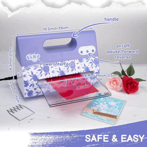 Portable Automatic A4 Die Cutting Machine with 9 Inch Embossing Kit for Card Making and Crepe Paper Flower Making Plug and Play Electric Craft Tool 110V US Plug All In One Die Cutter for Scrapbooking and DIY Projects on tabletop with floral design and accessories