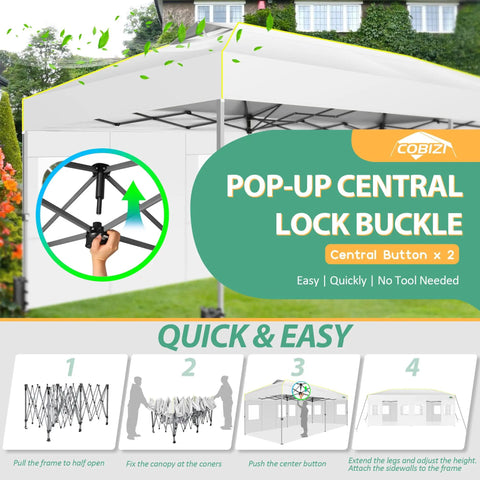10x20 Pop Up Canopy Shelter With Six Sidewalls No Fuss One Push Setup Waterproof UPF 50 Gazebo for outdoor events, shown with setup instructions.