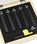 Five Piece One Half Inch Indexable Carbide Turning Inserts Holder Set For Lathes With Replaceable Tips And Rotatable Edges Includes Carbide Inserts TCMT16T304 And Spare Screws For Lathe Tools in a wooden case