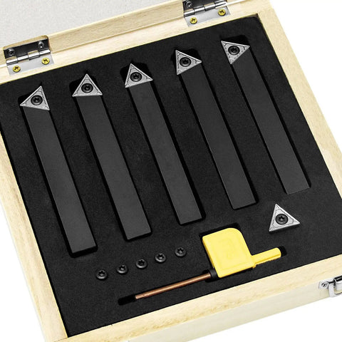 Five Piece One Half Inch Indexable Carbide Turning Inserts Holder Set For Lathes With Replaceable Tips And Rotatable Edges Includes Carbide Inserts TCMT16T304 And Spare Screws For Lathe Tools in a wooden case