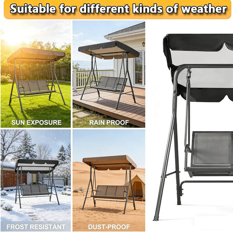 Replacement Canopy Top For Patio Swing 65x45 75x45 78x47 85x45 showing sun, rain, frost, dust protection on various swings